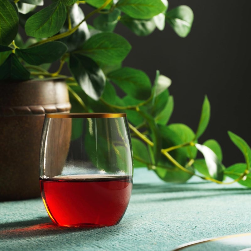 Munfix Plastic Stemless Wine Glasses with Gold Rim, Disposable Clear Plastic Cups 12 Oz - 24 Pack - Shatterproof Recyclable and BPA-Free - Image 3